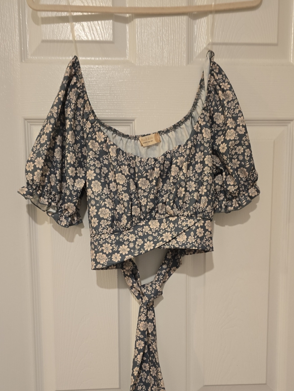 Altar'd State Blue Floral Puff Sleeve Tie-Front Crop Top